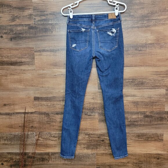 American Eagle Jeans 2 L Next Level Stretch Jegging Low Rise Ripped Medium Dark - Picture 2 of 12